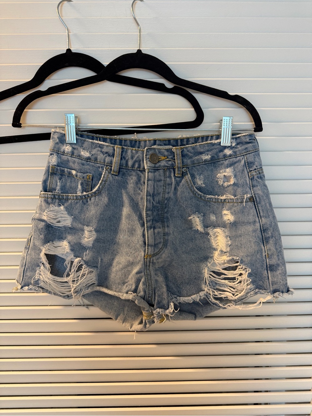 Light Blue Distressed High-Rise Denim Shorts - Women